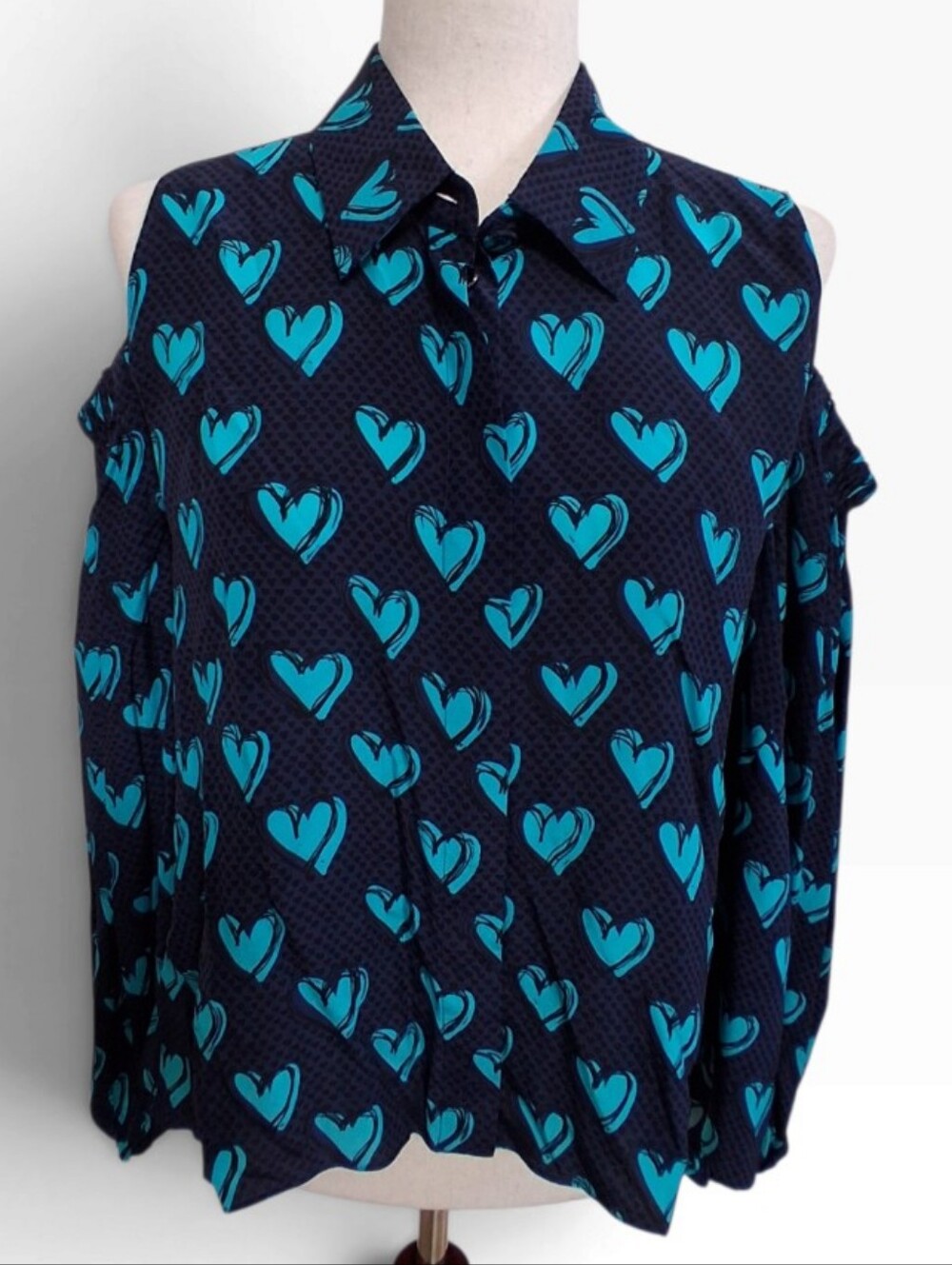 FENDI Italy Cold Shoulder Silk Blouse Navy Blue Teal Heart Print Top IT 46 US 10